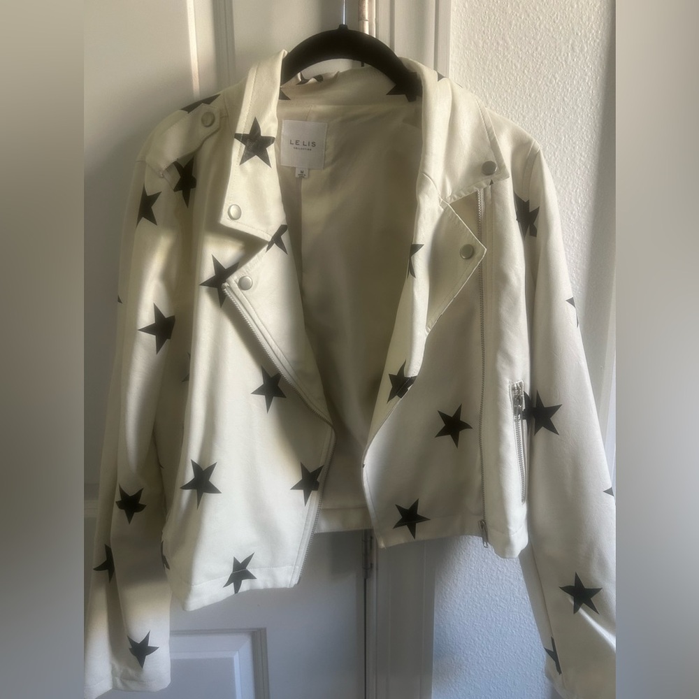 Le Lis White Moto Jacket with Black Star Print
